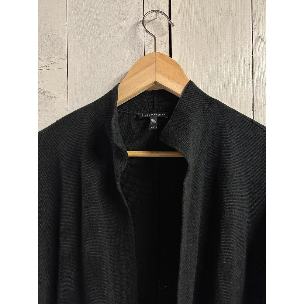 EILEEN FISHER Black Silk Cotton Cardigan Sweater Knit Open Front Women's‎ Medium